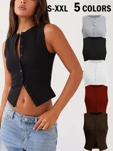 Women's Plain Button Front Ribbed Short Tank Top, Casual Sleeveless Round Neck Daily Wear, Versatile Four Seasons Women's Clothing