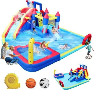 Inflatable Bounce House Water Park and Slide for Kids Ages 8-12,Blow Up Water Slides for Backyard,Outdoor Bounce House with Dual Slides,Air Blower Included, Deep Pool,227 * 205 * 97