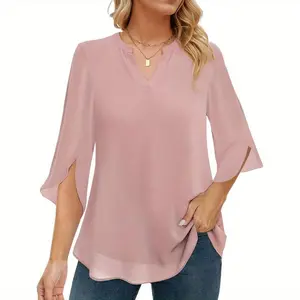 Women's 3/4 Sleeve Chiffon Blouses for Women Dressy Casual, V Neck Double Layers Chiffon Blouses 2025, Tunic Tops