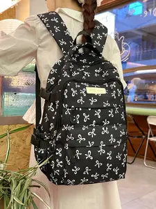 Three Piece Fashion Backpack Set Black White Bow Nylon Lightweight Large Capacity Women Bag Sweet Cool Daily Commute Casual Printed Backpack