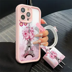 5-Piece Phone Case Set with Eiffel Tower and Flower Design, Includes Charger Headset, Cable Protector, Storage Rope, Tpu Drop Protection for iPhone Models Accessories Cellphone