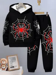 Boys Spring & Fall Sports Set, Spider Web Hoodie and Pants Two-Piece, Casual Fitted Kids Clothing