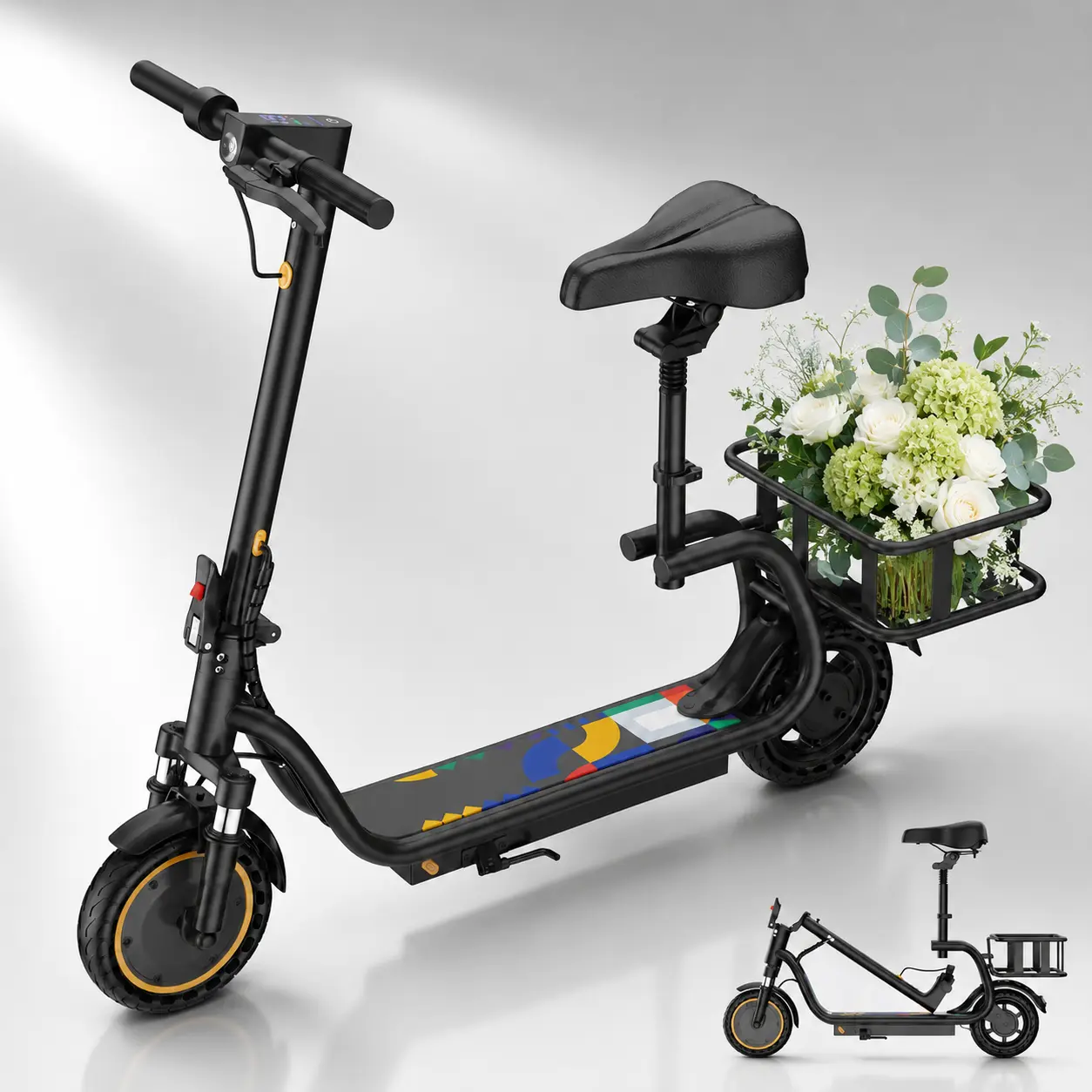 Adult Electric Scooter with Seat – 8.5" Tires, 350W Motor, 19 MPH, 15-Mile Range, Comfort Commute