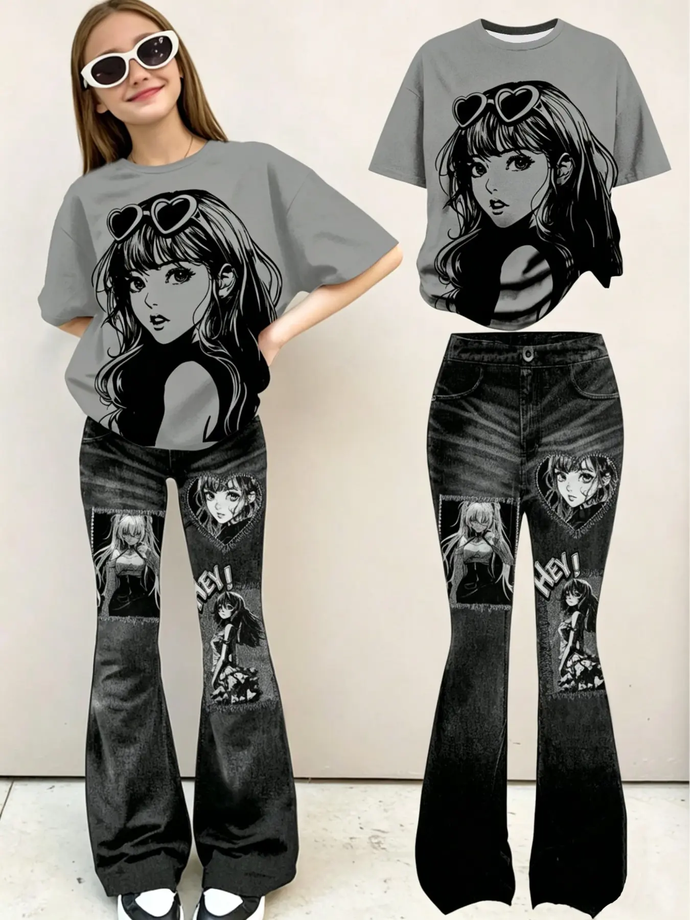 Kawaii Anime Girl Print T-Shirt + Patchwork Flare Denim Jeans Set, Clothes, Y2K Goth Streetwear Aesthetic Style for Girls, Casual Slim-Fitting Suit