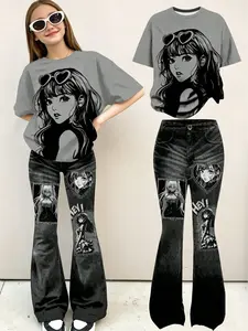 Kawaii Anime Girl Print T-Shirt + Patchwork Flare Jeans Set, Y2K Goth Streetwear for Girls, Casual Slim-Fitting Suit