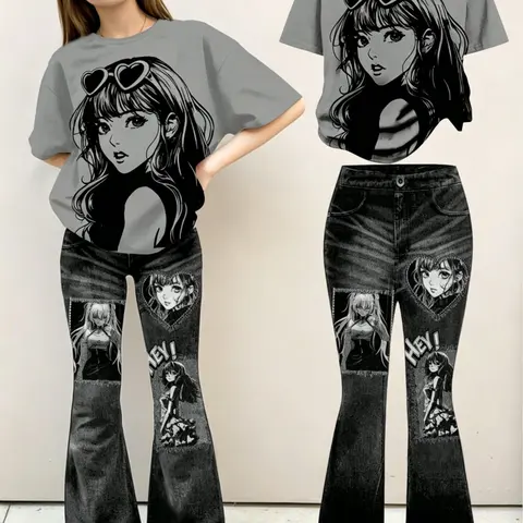 Kawaii Anime Girl Print T-Shirt + Patchwork Flare Pants Set, Y2K Goth Streetwear, Aesthetic Style for Girls, Casual Slim-Fitting Outfit, Casual Fitted Set, Clothes