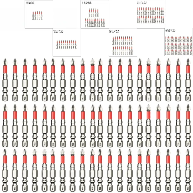 Multi Pack 5/10/15/20/30/60PCS 50mm PH2 Anti-Slip Serrated Screwdriver Bits, Chrome Plated Strong Magnetic Phillips Drill Bits 1/4 Hex Shank Impact Bits for Cordless Drill Woodworking Furniture DIY Repair titanium alloy