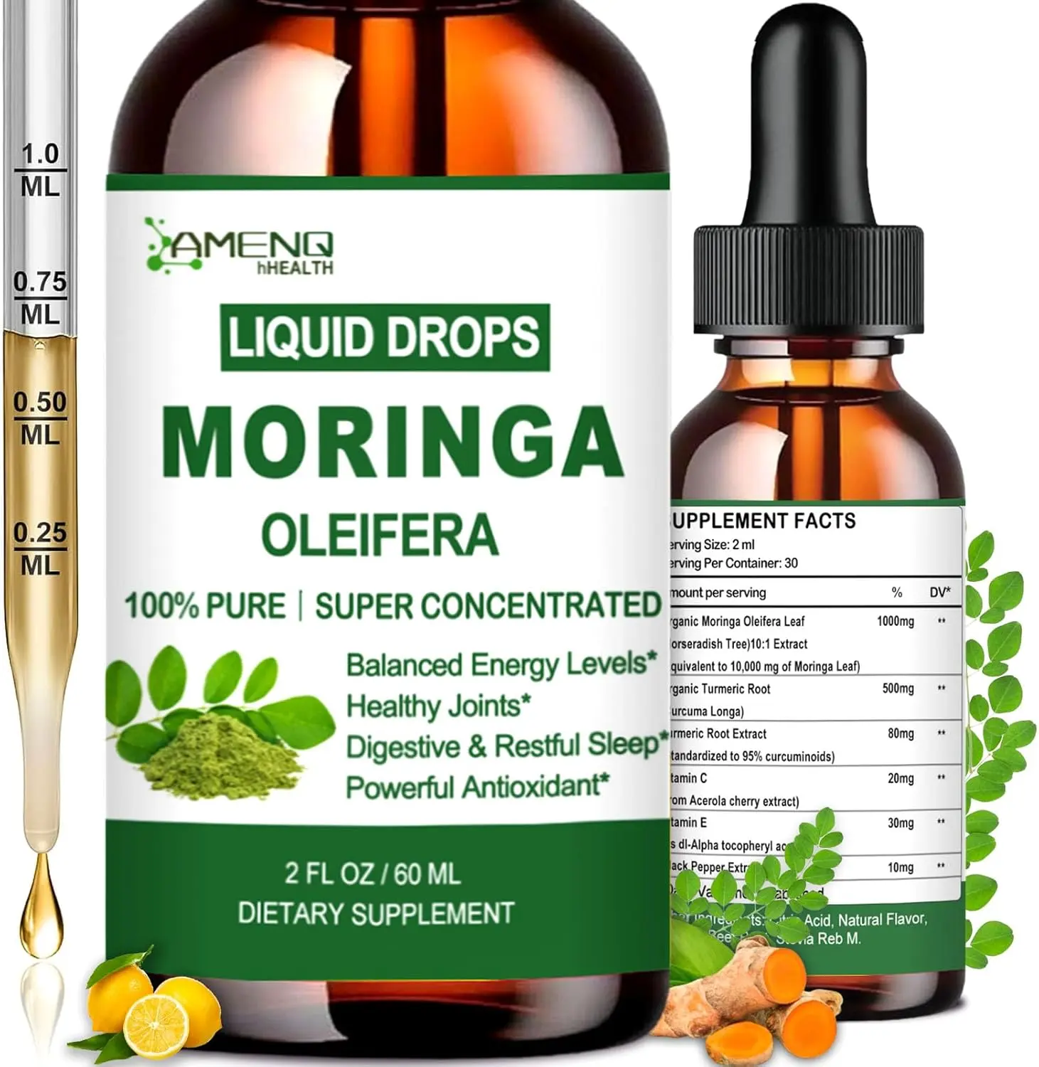 Organic Moringa Oleifera Liquid Drops with Turmeric and Black Pepper for Energy Metabolism Immune Skin Joint and Gut Support High Absorption Herbal Extract Supplement for Overall Wellness 60ml