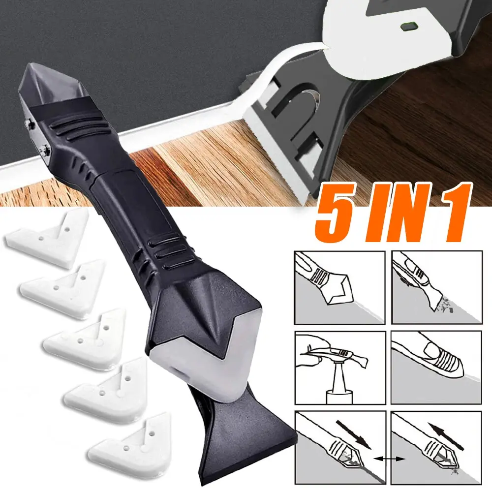 5-in-1 Silicone Caulking Tool - Stainless Steel Head Grout Scraper, Home Repair & Construction Tool, Durable for Busy Home Projects, Great for Bathroom & Kitchen Upkeep, Half-Time Removal for Windows