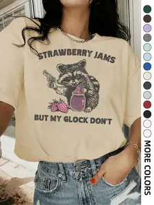 Women's Strawberry & Raccoon Print Round Neck Tee, Fashion Casual Drop Shoulder Short Sleeve T-shirt for Daily Wear, Ladies Summer Clothes, Valentine's Day Gift,  T Shirts for Women