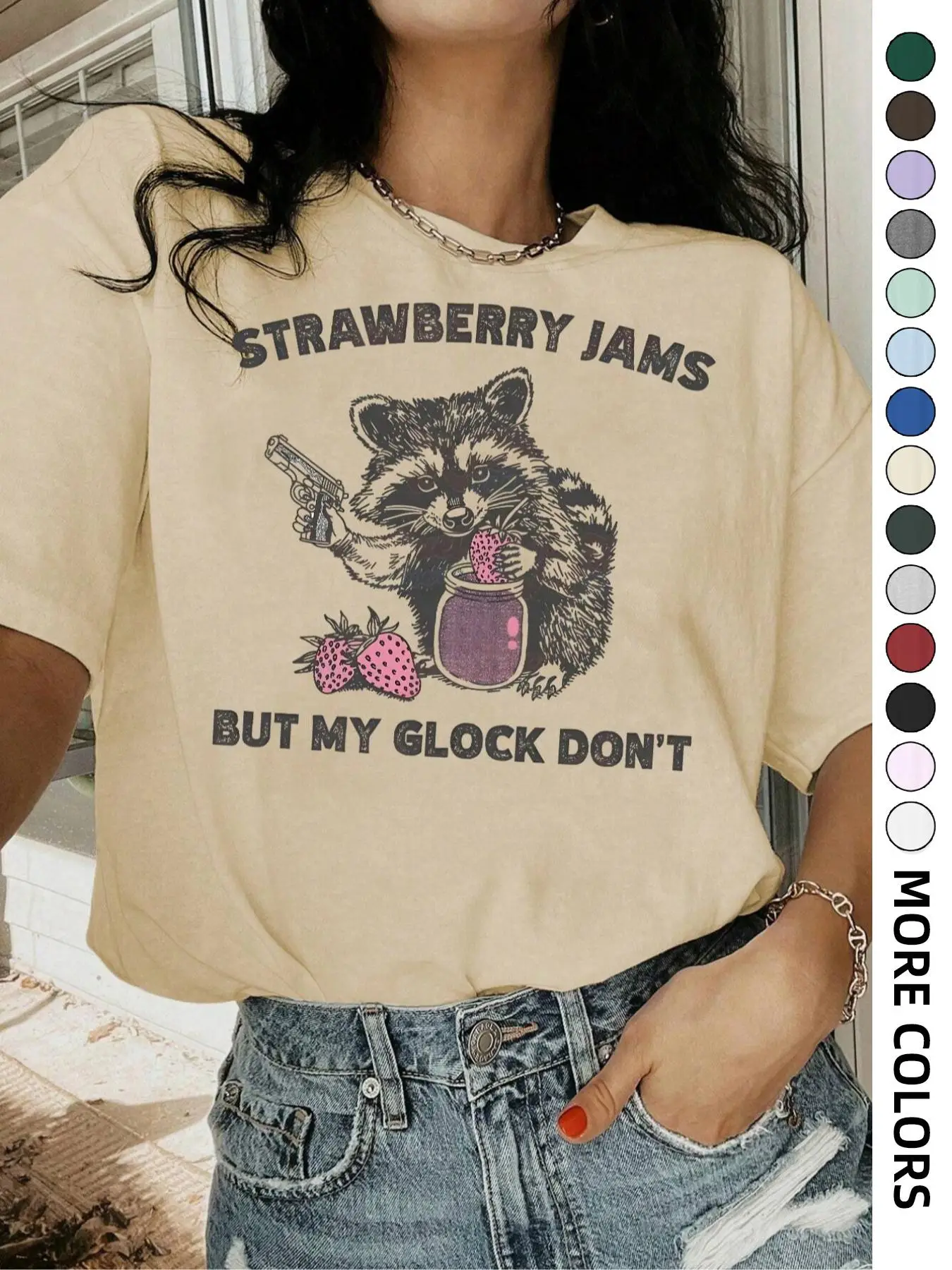 Women's Strawberry & Raccoon Print Round Neck Tee, Fashion Casual Drop Shoulder Short Sleeve T-shirt for Daily Wear, Ladies Summer Clothes, Valentine'