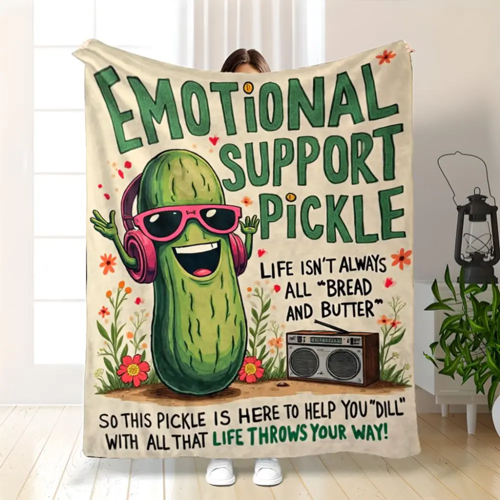 Emotional Support Pickle Blanket, Soft Flannel Throw Blanket with Funny Dill Pickle Quote Print, Cozy Gift for Women Men Teens and Pickle Lovers, Foodie Gift Blanket for Bed Couch Sofa Dorm, Lightweight Warm Throw