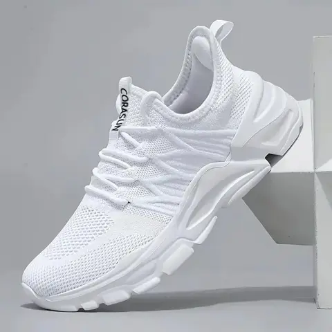 Men's Fly Knit Mesh Casual Trainers - Breathable, Lightweight, Shock-Absorbing, Anti-Slip Outsoles, Round Toe Synthetic, Off-Court Clean Aesthetic, All-Day Comfort Walking Shoes for Running, Training, All Seasons Sports Runner Footwear White