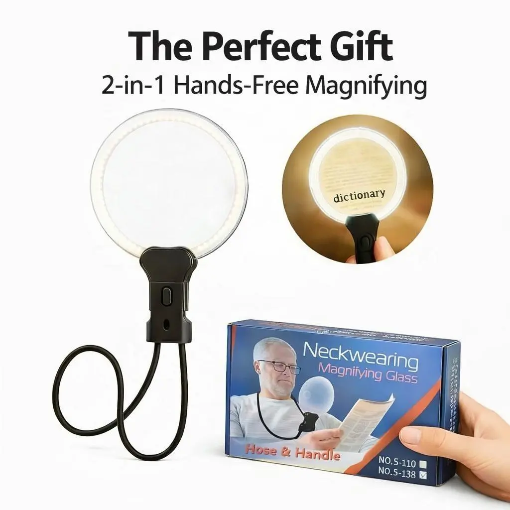 Hands Free Neck Magnifier for Reading and Crafting, 2-in-1 Handheld & Stand Magnifying Glass with 5X 10X Lens, Large Magnifier for Seniors Sewing Cross Stitch Repair Hobby Gifts