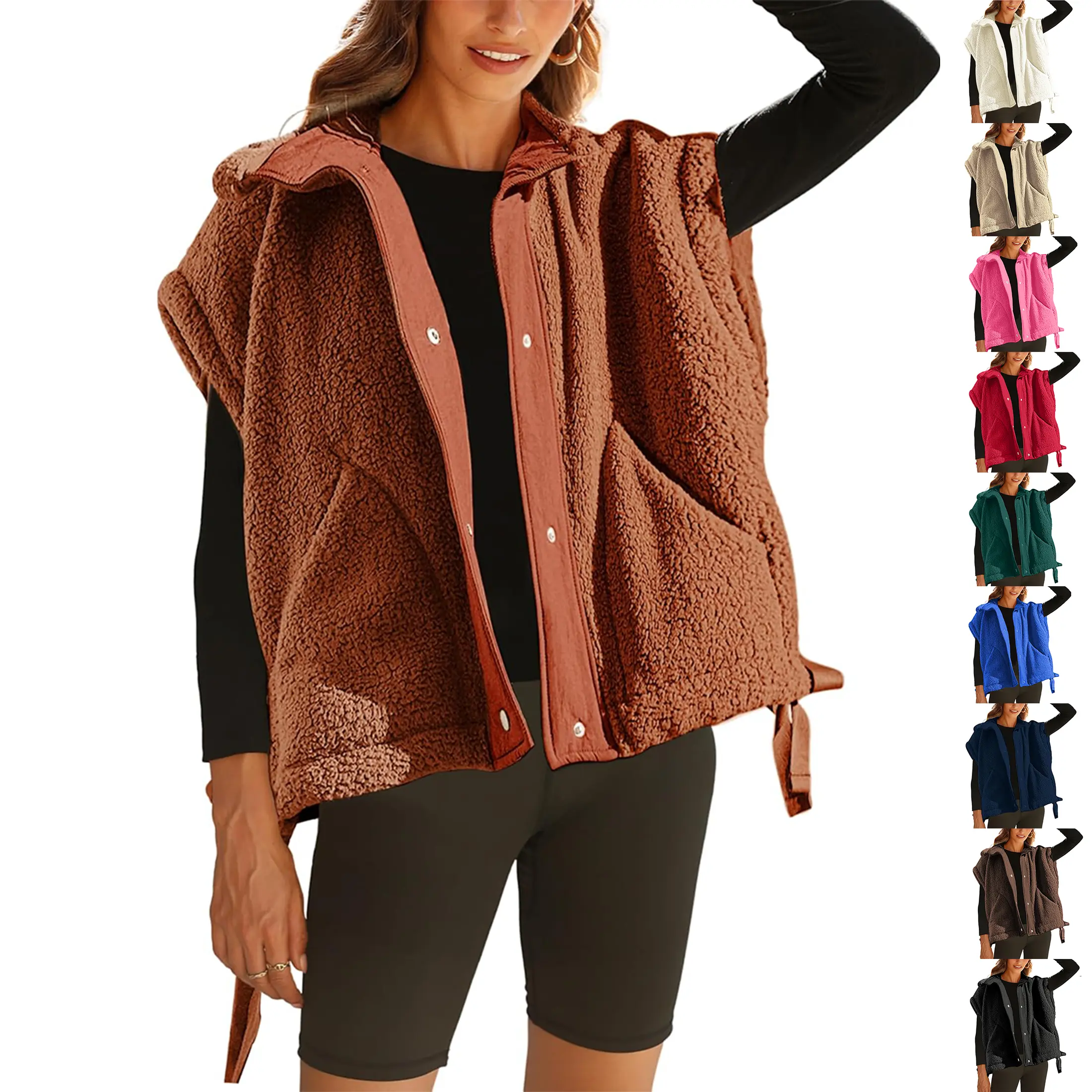Wandal Women Warm Oversized Fuzzy Fleece Vest Sleeveless Button Down Gilet Jacket With Side Bow Pockets Loose Fall Winter Casual Travel Layering Outerwear OOTD