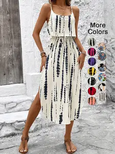 Women's Summer Color Dye Spaghetti Strap Lightweight Mock Two-Piece Dress, Side Slit Waist Cinching Casual Daily Wear, Elegant Ladies Fashion