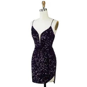 ZAPAKA Women's Sparkly Purple Sequins Backless Tight Short Homecoming Dress with Slit Glamorous Y2K Style for Cocktail Party