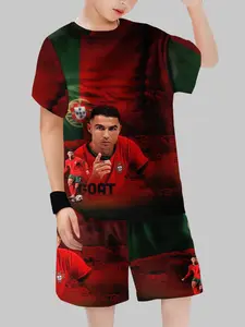Goat Football Legend Theme Sport Set, Dynamic Print T-Shirt Shorts Two-Piece, Cristiano Ronaldo Portrait, Portuguese Flag Colors, Football Kits