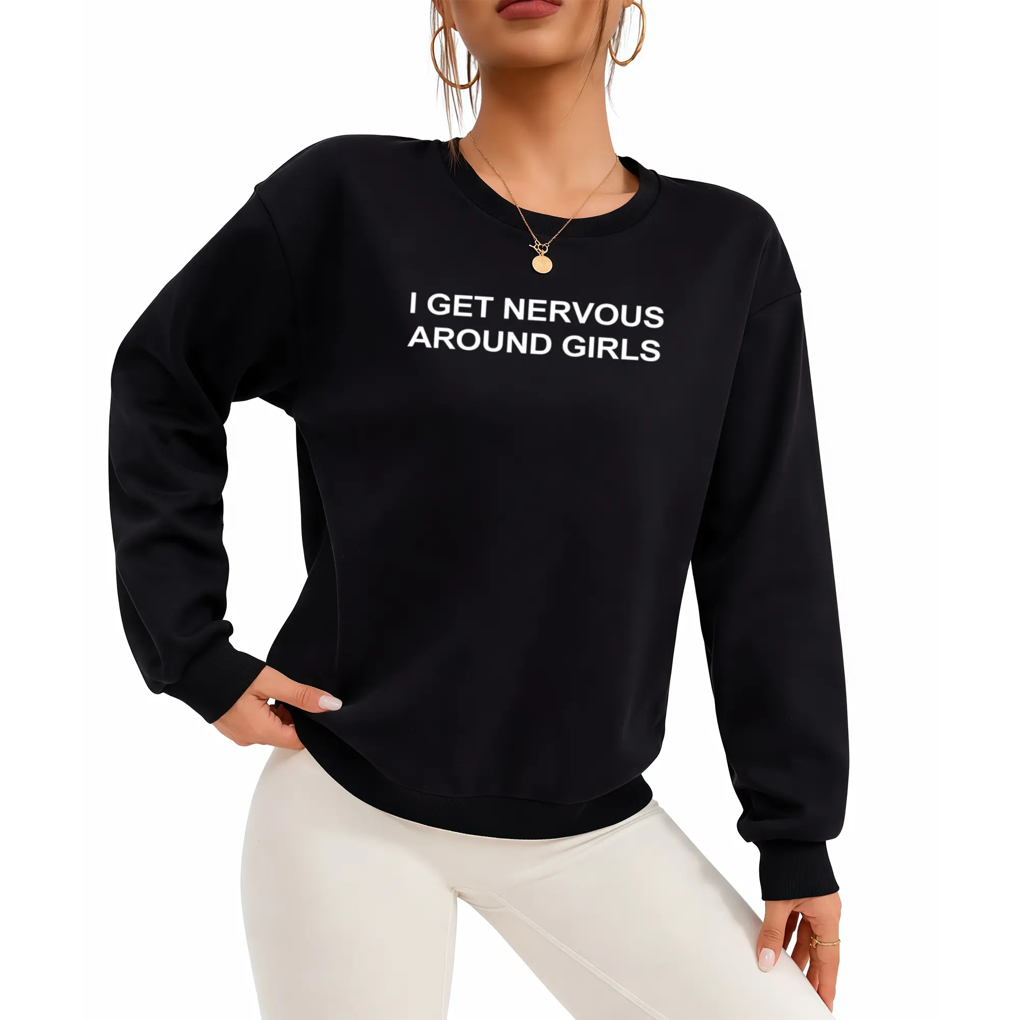 Unisex Long Sleeve Sweatshirt with Funny 'I Get Nervous Around Girls' Graphic – Casual Streetwear Top, Perfect Gift for Men, Comfortable Natural Sleeve Sportswear Fabrics Hoodie
