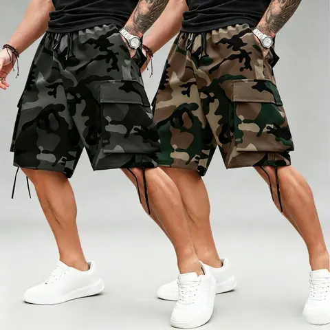 Men's Plus-Size 2-Pack Camo Shorts - Mid Waist, Loose-Fit Camouflage Style Cargo Shorts with Pockets, Bold Vibe Casual Menswear Bottoms