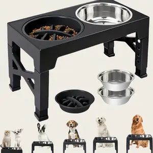 4 height-adjustable elevated dog bowl holder with one slow food bowl plus two stainless steel bowls, easy to assemble and carry, removable for cleaning, suitable for small medium large dogs and cats, non-slip base