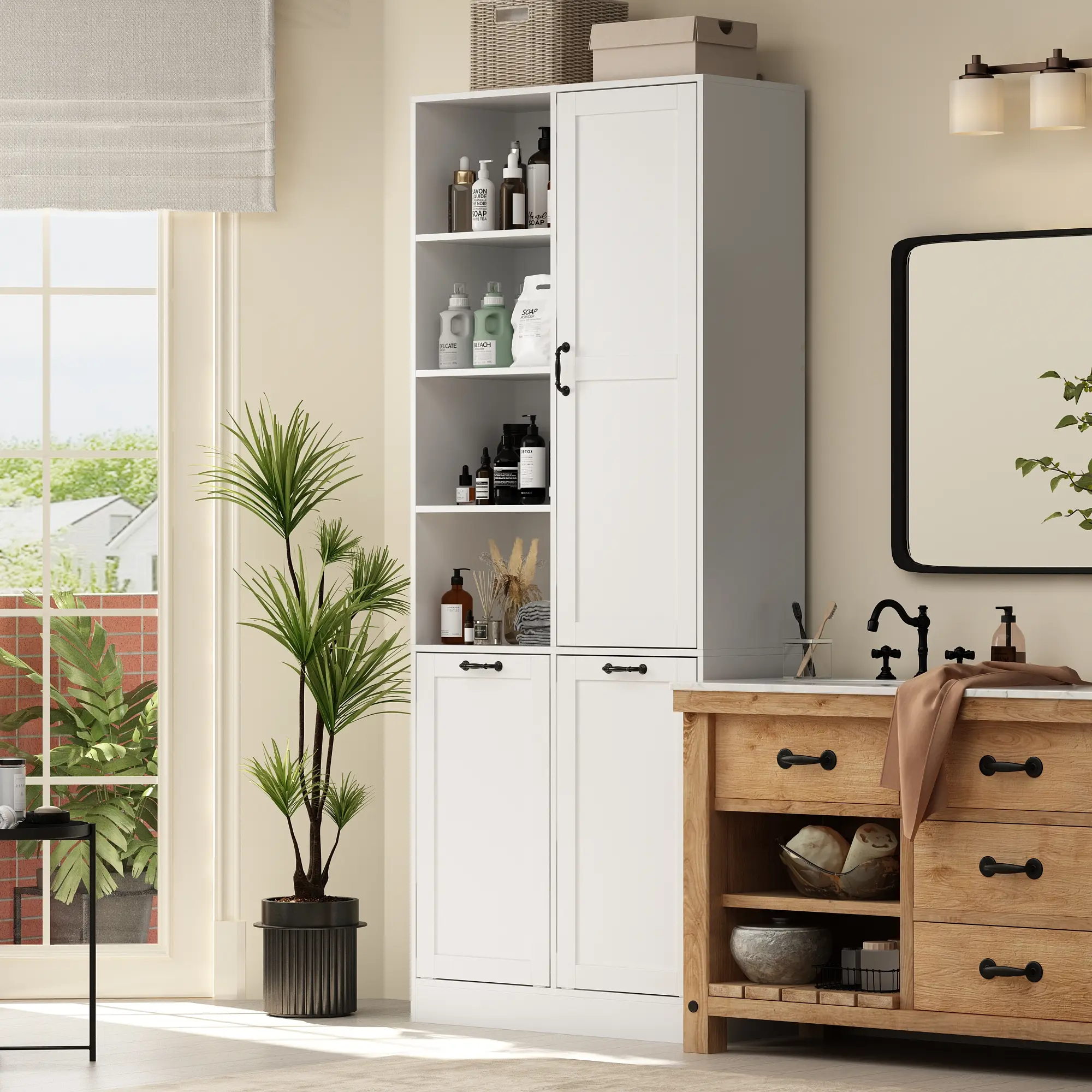 FUFU&GAGA Storage Cabinet with Laundry Hamper Tilt Out Laundry Basket, Display Cabinet with Adjustable Shelves & Double Tilt Out Trash Cabinets
