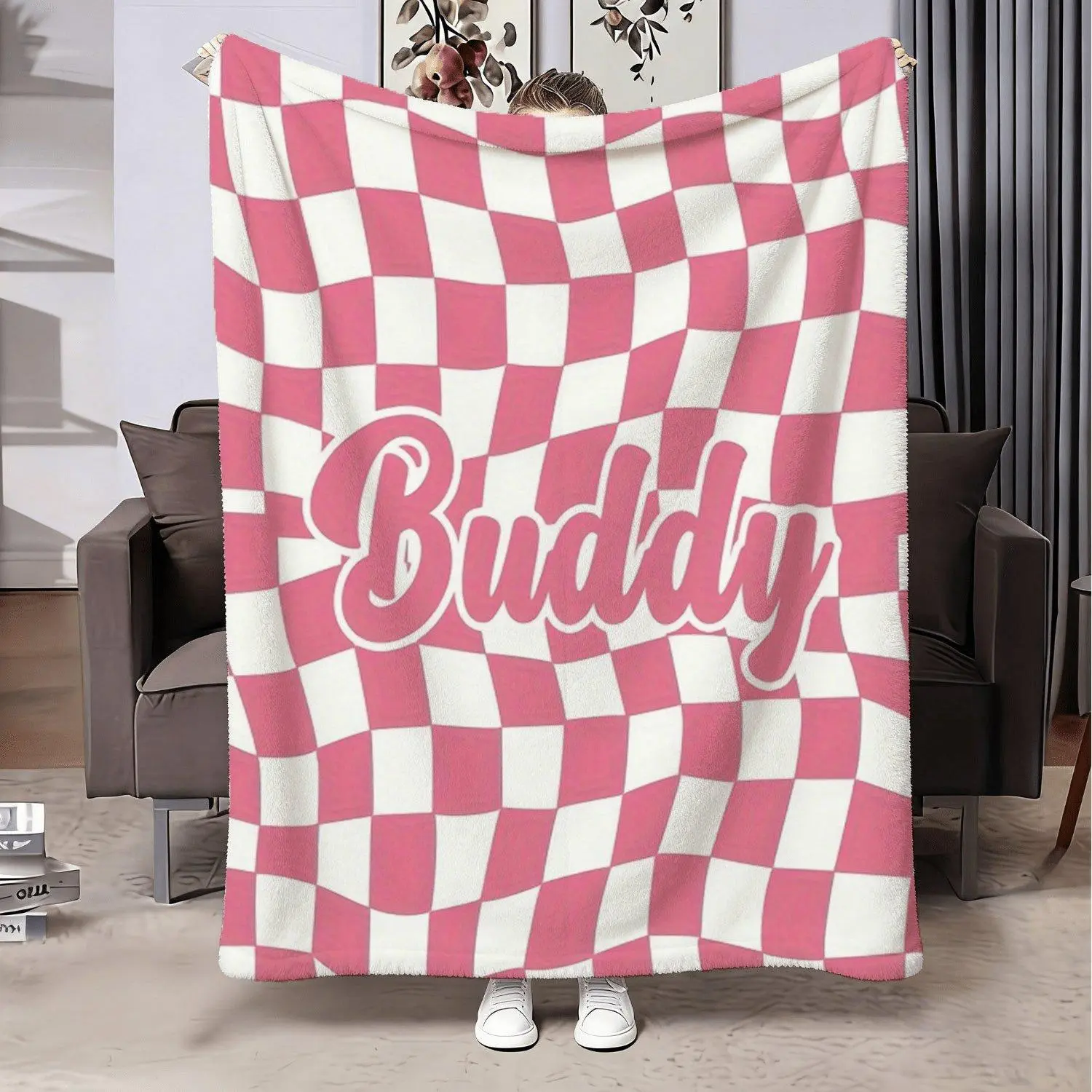 Customizable Checkerboard Print Travel Blanket Soft Skin-friendly Warm Lightweight Flannel Blanket for Sofas Suitable for All Seasons Thoughtful Holiday Gift for Friends and Family