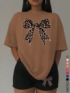 Two-Piece Set Women's Leopard Print Bowknot Decor Tee & Skinny Pants, Matching Clothing Set, Casual Short Sleeve T-Shirt & Trousers, Ladies Clothes for All Seasons, Casual Loungewear Set, Womenswear