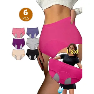 6-Pack Women'S Extra-Large High-Waisted Leakproof Period Briefs - Breathable Mesh Underwear With Tummy Control, Water Absorption & Anti-Side Leakage, 6 Colors (Pink, Purple, Grey, Black, Navy, Beige), Menstrual Underwear | Solid Color Pant
