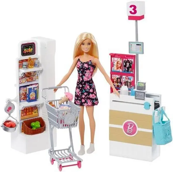 Barbie Supermarket Playset Collectible Figurine - Doll with Cart, Floral Print Details and Food Items, Collectibles Toy, Over 25 Pieces