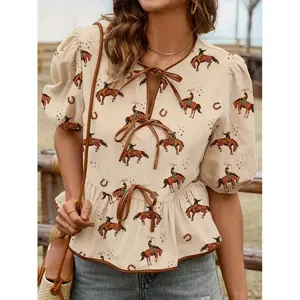 [Denim Print/Imitation Denim] Women's Western Denim Top - Non elastic beige and brown Western tops, loose rolled edges, suitable for casual formal wear - Spring/Summer daily shirts, Spring/Summer clothing, Autumn casual wear, Vnec cardigan