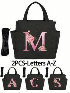 Double Pocket Insulated Lunch Box Bag, Large Capacity Floral Letter Print Student Thermal Cooler Bag, Portable Travel Picnic Bag, Lunch Bag Tote Bag