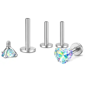Small Heart CZ Solitaire Flat Back Stud Earrings Body Piercings by Ginger Lyne 2 Sets Post 6mm 8mm Titanium