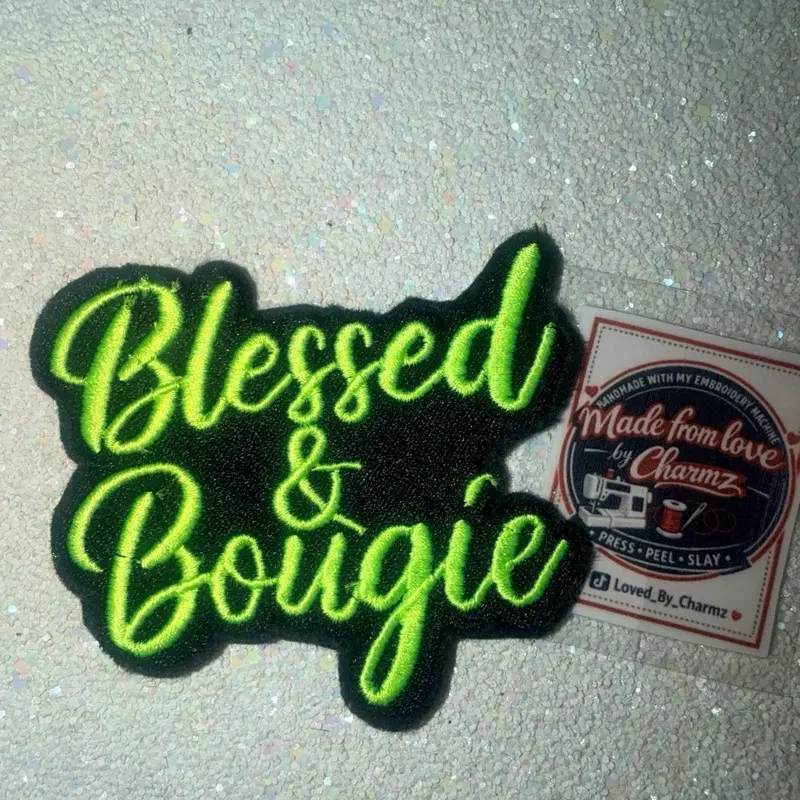 Blessed and Bougie Embroidery Patch Iron-On Applique  for Streetwear Casual Decorative Fabric Patches for Round Neck Clothing, Bags, Hats and more