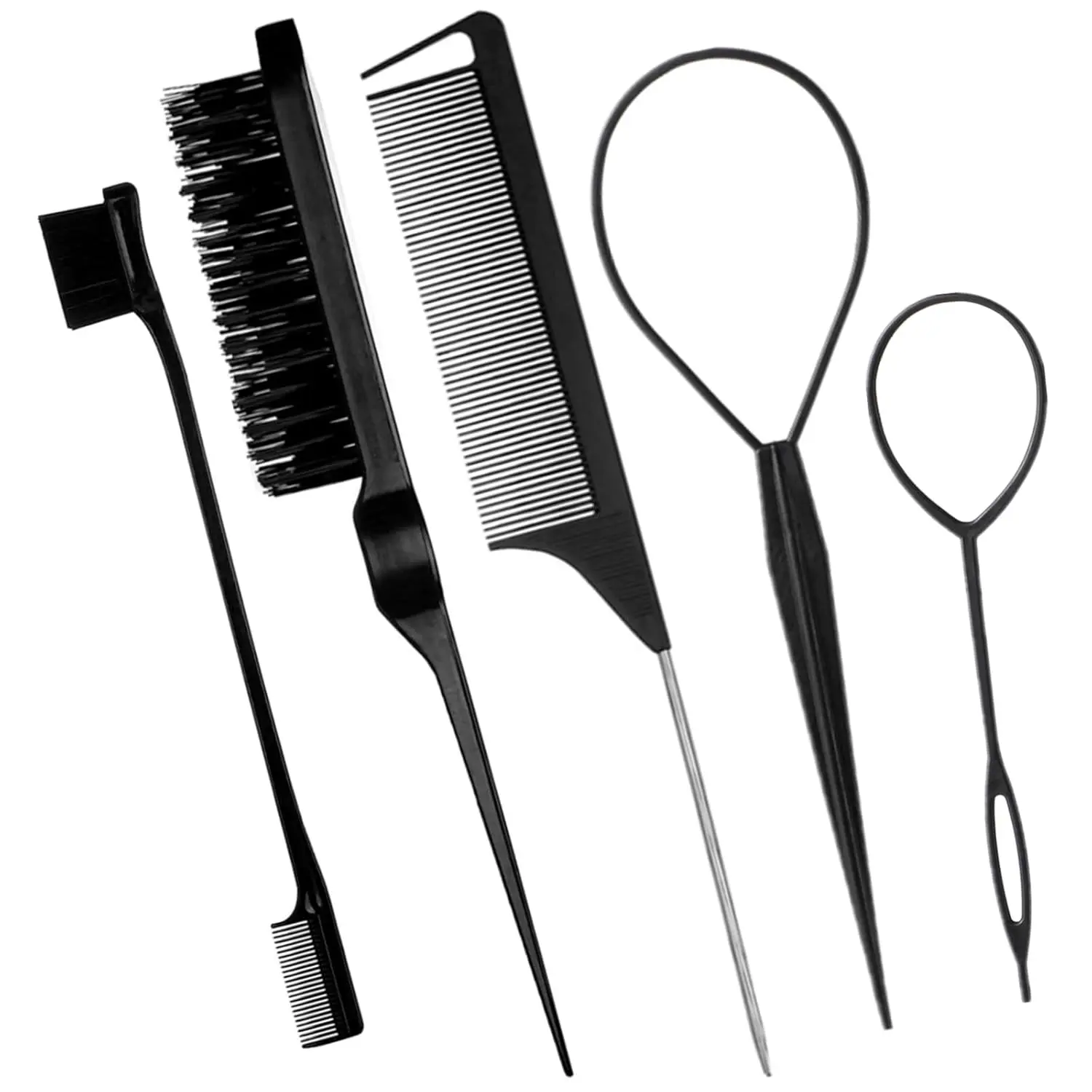 5 count Slick  Brush Set with Topsy Tail Tool, Teasing Bristle, Rat Comb for Women & Girls Hair Styling, Flyaways Control and Edge Combing - BIACK