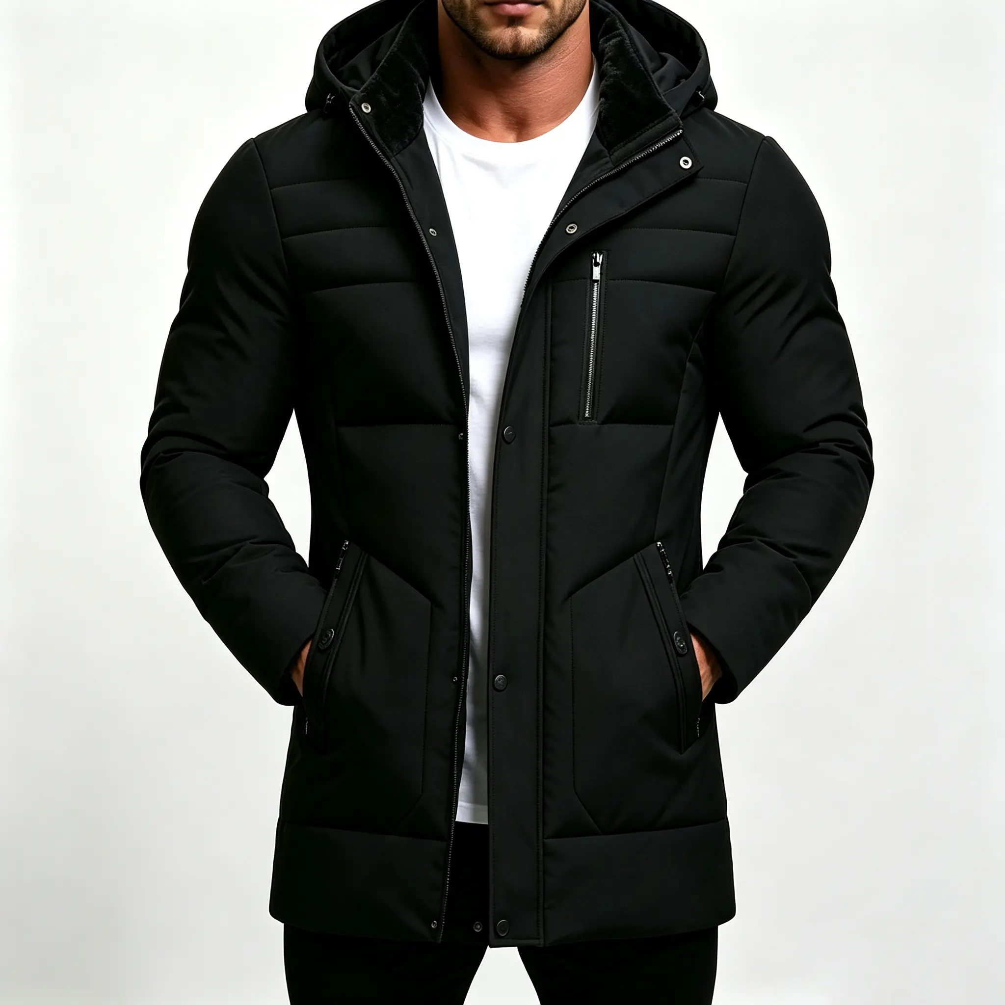Men’s fleece-lined, thickened mid-length cotton coat with hood for autumn/winter; business casual quilted design, warm and windproof, suitable for commuting and cold weather; cotton overcoat for middle-aged men. Jacket Menswear