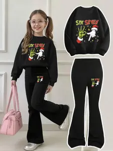Girls' Christmas Cartoon Sweatshirt & Bell Bottoms Set, Clothes Kids, Fitted Casual Style, Breathable Comfort, Holiday Fun for Ages 4-12