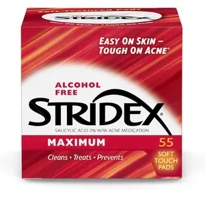Stridex Medicated Acne Pads Maximum 55 Count - Alcohol-Free Pads for Acne Treatment and Prevention - Gentle, Clear Skincare Daily Salicylic Cleanser