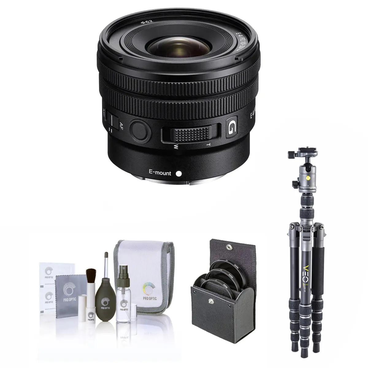 Sony E 10-20mm f/4 PZ G Lens for Sony E, Bundle with Vanguard VEO 3 GO 235AB 23mm 5-Section Aluminum Travel Tripod with T-50 Ball Head, 62mm Filter Kit, Cleaning Kit