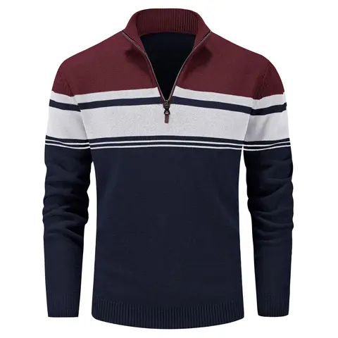 MAGCOMSEN Men's Fitted Long-Sleeve 1/4 Zip Cotton Fabric Knitwear Pullover - Striped Quarter Zipper Top, Elastic Hem, Outdoor Golf Halloween Comfy Fall Winter Warm Sweatshirt