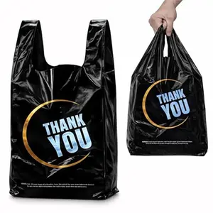 100 Count Plastic Bags - Black T Shirt Bags with Handle for Retail Shopping and Supermarket Use
