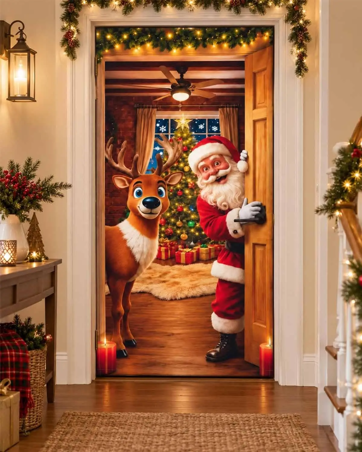 Christmas Door Cover - Stretch Fit Santa & Reindeer Door Decoration with 4-Side Elastic Edges, Slip-On Christmas Door Banner for Front Door, Home Holiday Party Decor