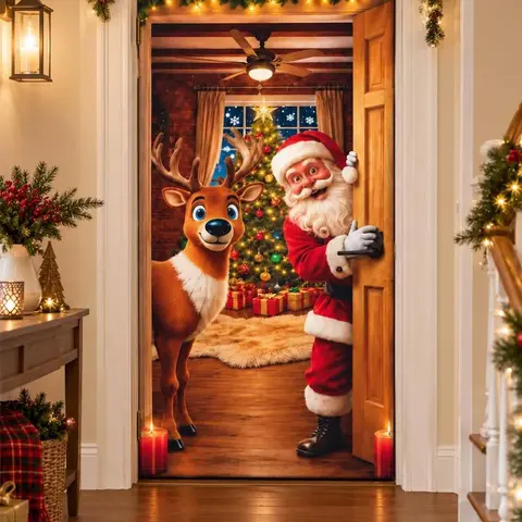 Christmas Door Cover - Stretch Fit Santa & Reindeer Door Decoration with 4-Side Elastic Edges, Slip-On Christmas Door Banner for Front Door, Home Holiday Party Decor