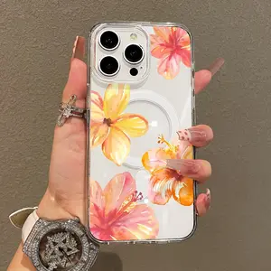 Soft Girl Magnetic Case for iPhone11/12/13/14/15/16/promax, Watercolor Hibiscus Flowers Lightweight, Drop-Proof, MagSafe Compatible | Perfect for Teen Girls