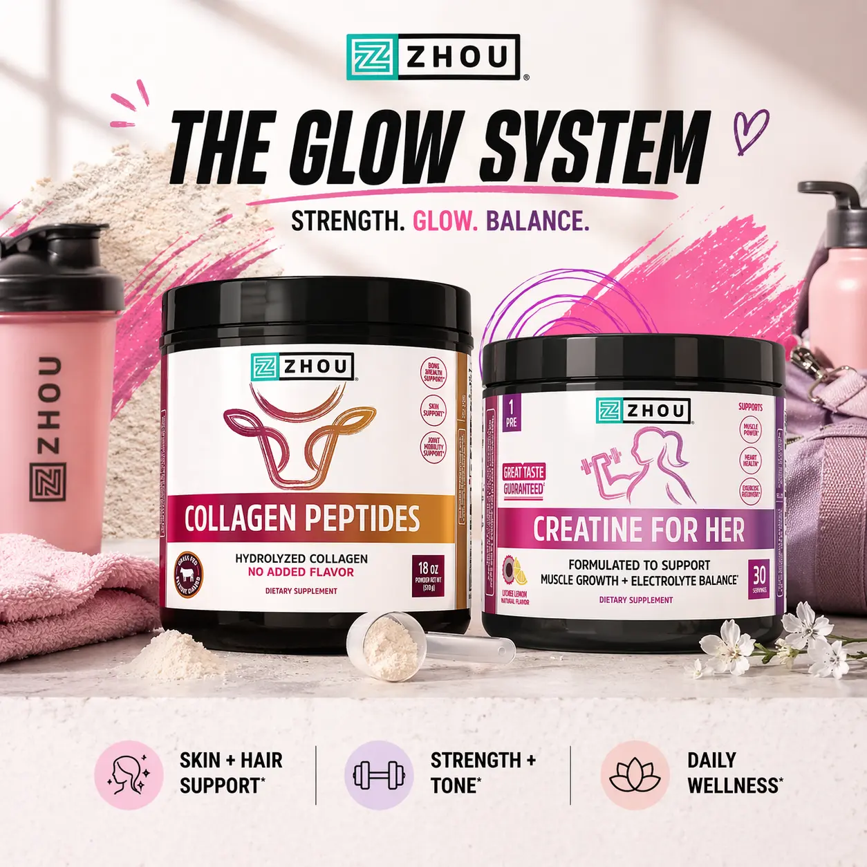 Zhou Nutrition Glow System Duo - Creatine For Her + Collagen Peptides ...