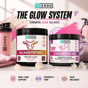 Zhou Nutrition Glow System Duo - Creatine For Her + Collagen Peptides - Muscle Growth, Hair, Skin, Nails, Energy & Recovery