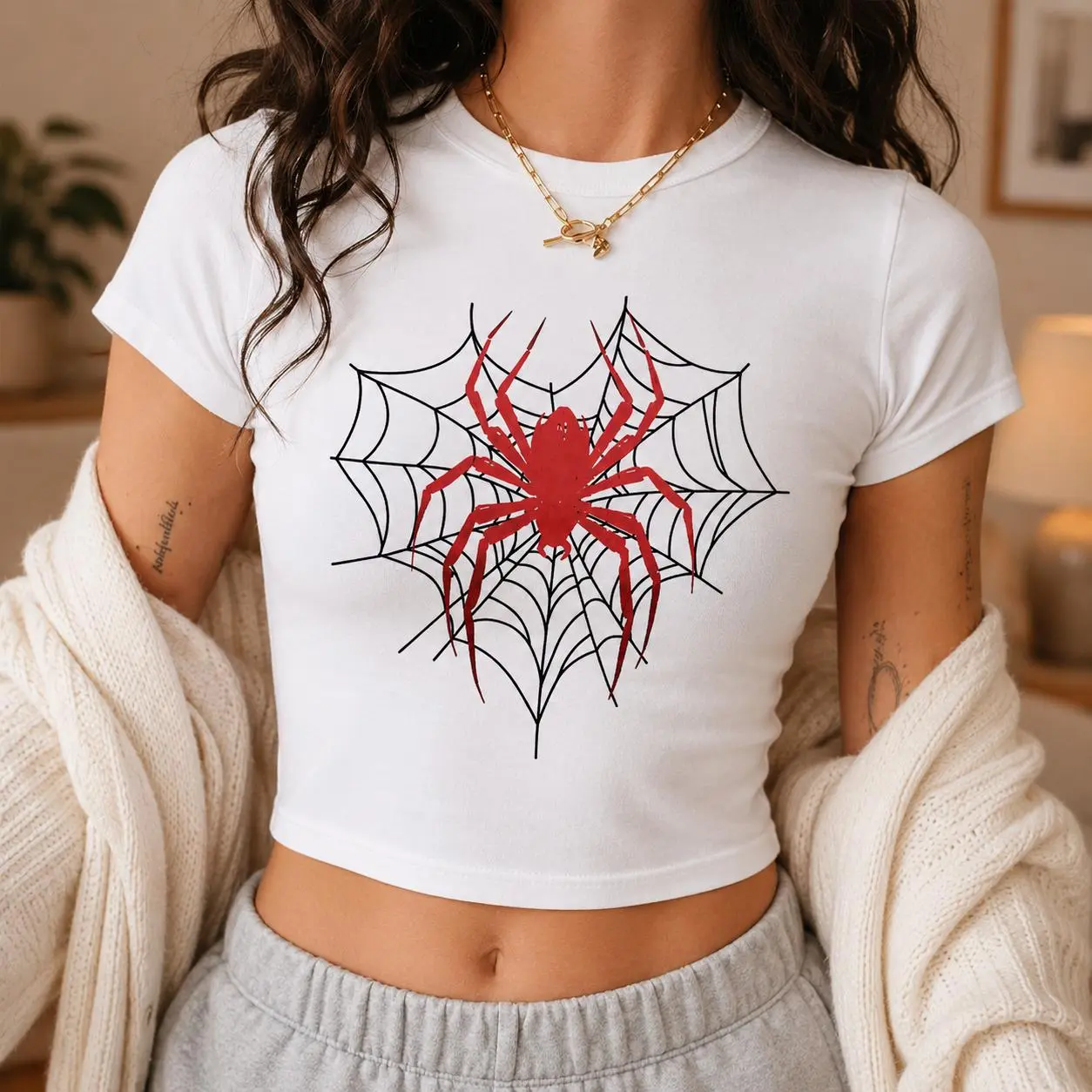 Y2K Spider Baby Tee, Red Spider Web Crop Top, Gothic Aesthetic Fitted T-Shirt, Alt Grunge Graphic Tee, Halloween Streetwear Shirt for Women