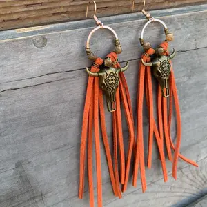 Fierce Fringe Couture Hypoallergenic Fringe Bullhead Earrings with Turquoise Beads and Leather Tassels