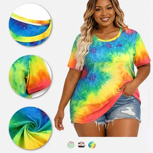 VOGARCE Plus Size Rainbow Tie Dye T-Shirt Casual Loose Short Sleeve Top Summer Crew Neck Tees for Curvy Women DPS1002