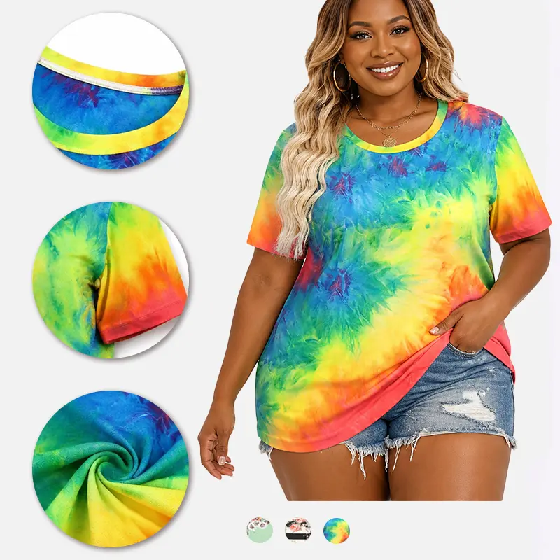 VOGARCE Plus Size Rainbow Tie Dye T-Shirt Casual Loose Short Sleeve Top Summer Crew Neck Tees for Curvy Women DPS1002